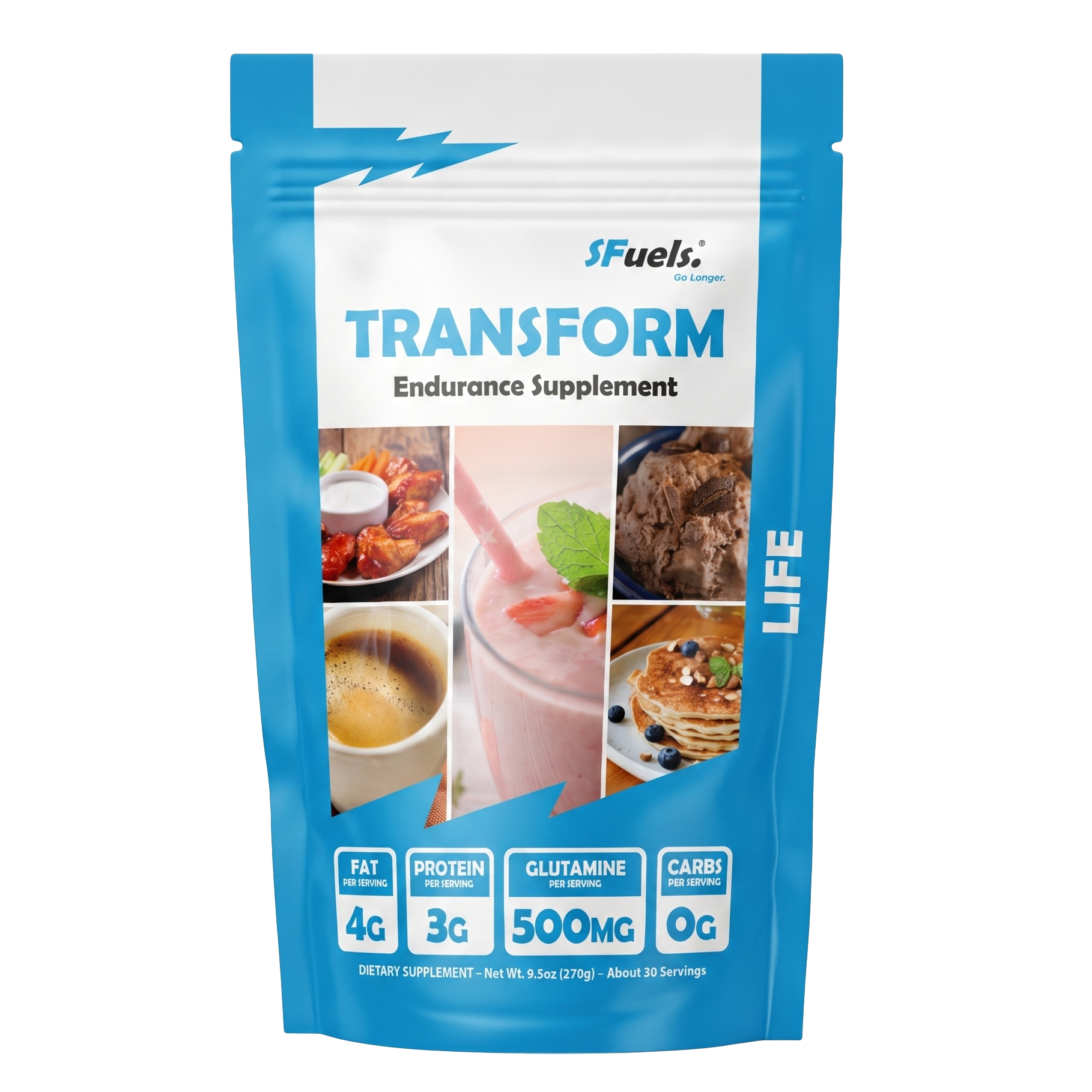 Supplement package labeled 'Transform' by sFuels on a white background