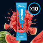 S Fuels Primed Caffeinated Watermelon drink mix 10 pack with watermelon slices on a dark background