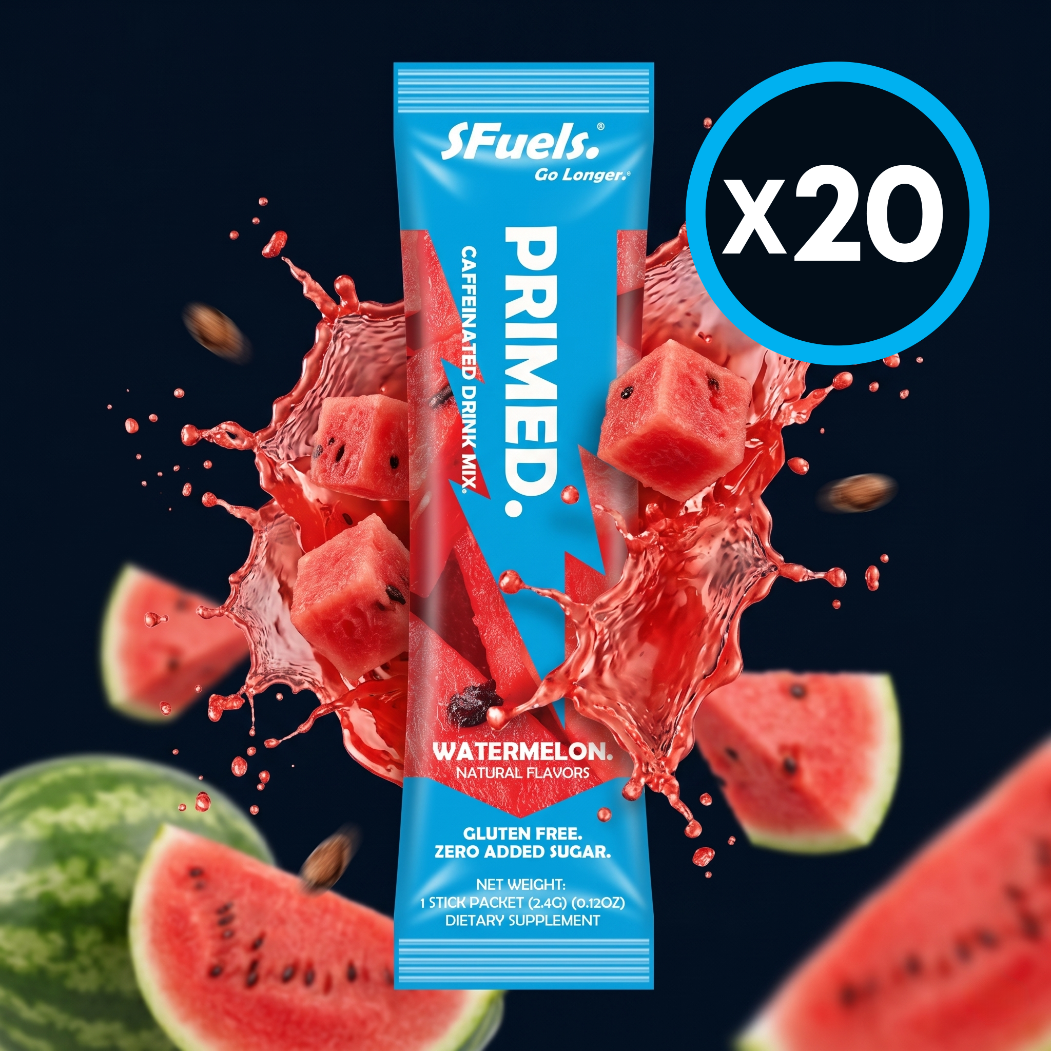 S Fuels Primed Caffeinated Watermelon drink mix 20 pack with watermelon slices on a dark background