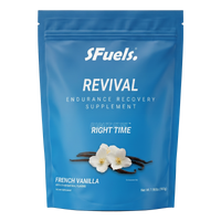Blue package of sFuels Revival endurance recovery supplement with vanilla flowers on a white background
